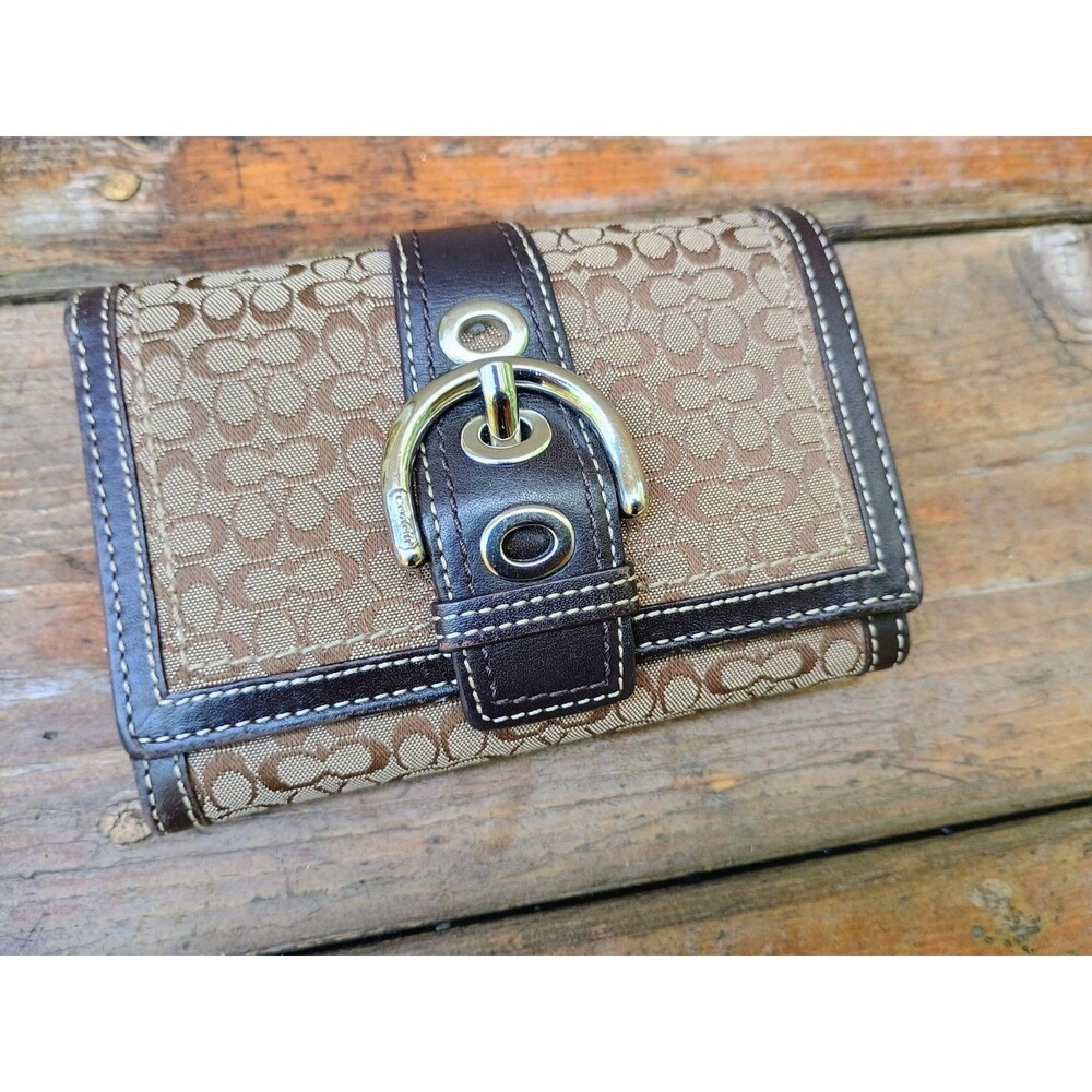 VTG Coach Soho Signature Khaki Brown Wallet Canvas Leather Buckle Flap Trifold
